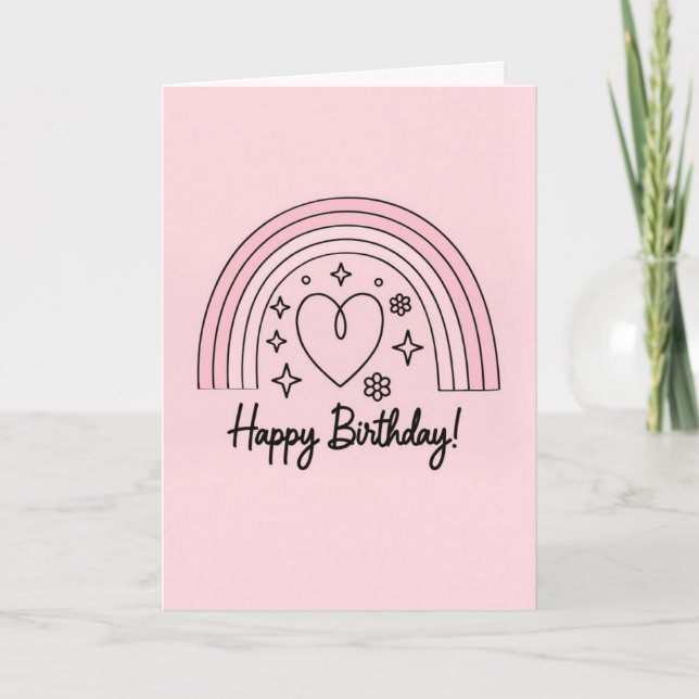 Soft pink minimalist heart with rainbow birthday card (Front)