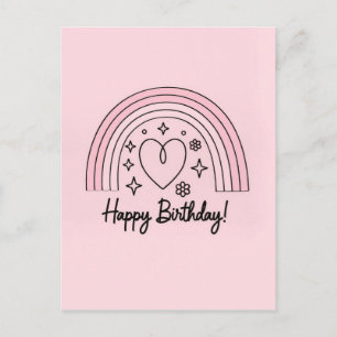 Soft pink minimalist heart with rainbow birthday postcard