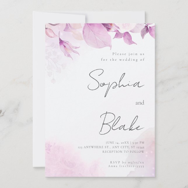 Soft Pink Modern Boho Floral and Leaves Invitation (Front)