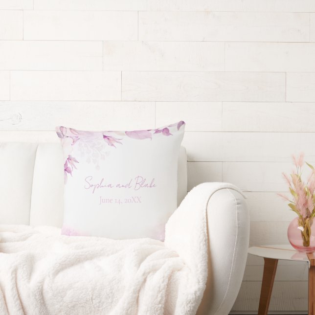 Soft Pink Modern Boho Floral and Leaves Wedding Cushion (Couch)
