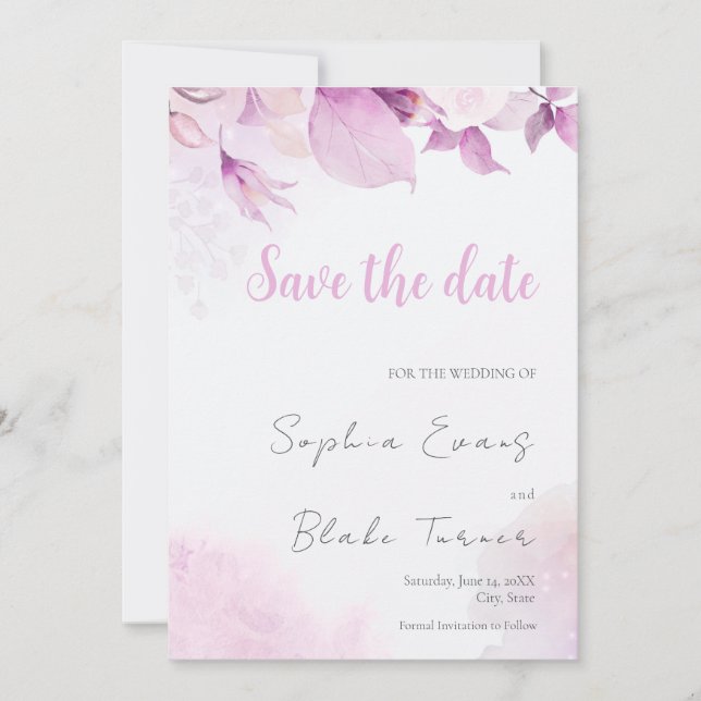 Soft Pink Modern Boho Floral Leaves Save the Date Invitation (Front)