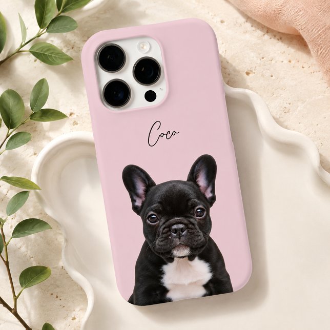 Soft Pink Modern Dog Photo and Script Pet Name iPhone Case (Creator Uploaded)