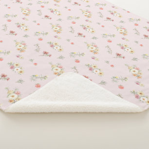 Soft Pink Moss Rose Watercolor Floral Sherpa Blanket