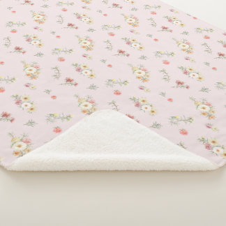 Soft Pink Moss Rose Watercolor Floral Sherpa Blanket
