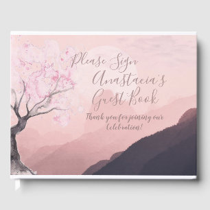 Soft Pink Mountain Mist with Japanese Cherry Tree Guest Book