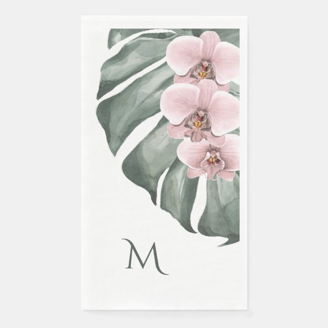 Soft Pink Orchids Tropical with Monogram Initial Napkin (Front)