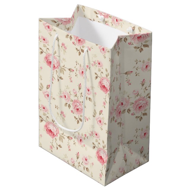 Soft Pink Painted Roses  Medium Gift Bag (Front Angled)