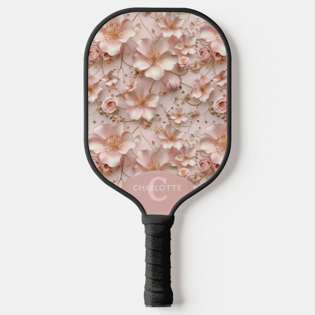 Soft Pink Pastel Floral Custom Monogram Name Pickleball Paddle (Front)