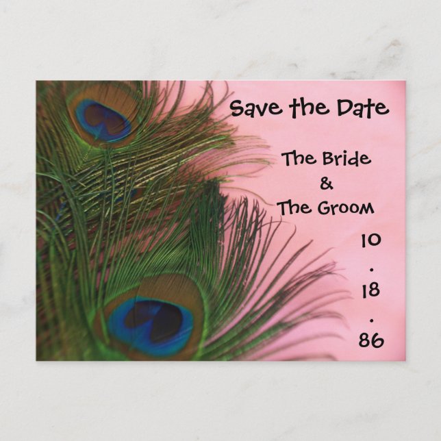 Soft Pink Peacock Feathers Save the Date Announcement Postcard (Front)