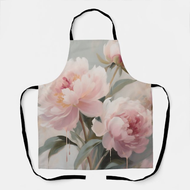 Soft Pink Peonies Floral Art Apron (Front)
