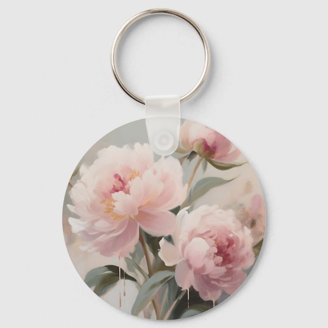 Soft Pink Peonies Floral Art Key Ring (Front)