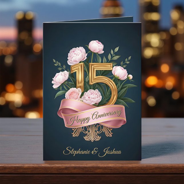 Soft Pink Peonies & Gold 15th Wedding Anniversary Card (Creator Uploaded)