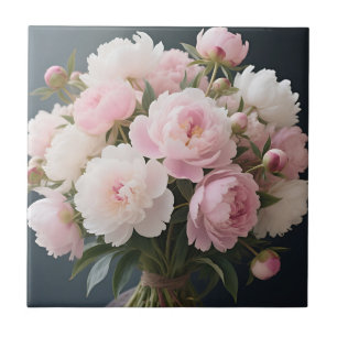 Soft Pink Peony Bouquet Romantic Floral Ceramic Tile