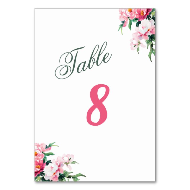 Soft Pink Peony & Eucalyptus Floral Wedding  Table Number (Front)