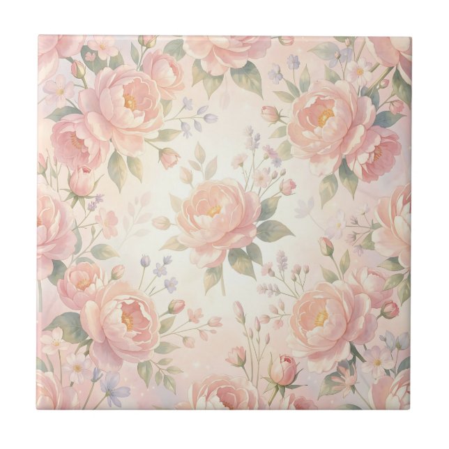Soft Pink Peony Floral Pattern Ceramic Tile (Front)