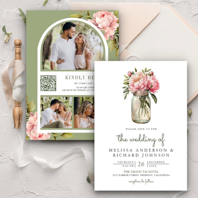 Soft Pink Peony Flowers Mason Jar QR Code Wedding Invitation (Creator Uploaded)