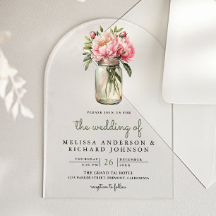 Soft Pink Peony Flowers Mason Jar Wedding Acrylic Invitations