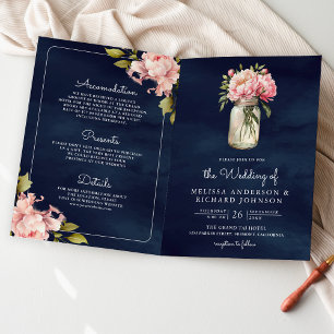 Soft Pink Peony Mason Jar QR Code Navy Wedding  Invitation