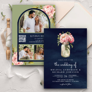 Soft Pink Peony Mason Jar QR Code Navy Wedding  Invitation