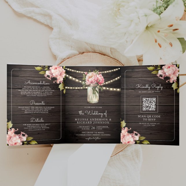 Soft Pink Peony Mason Jar QR Code Wood Wedding Tri-Fold Invitation (Creator Uploaded)