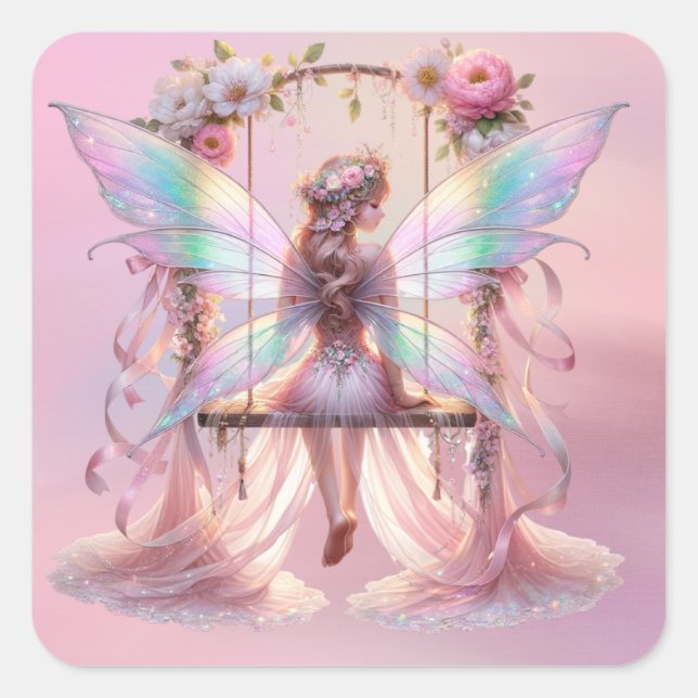 Soft Pink Peony Swing Fairy Princess Girls Square Sticker (Front)