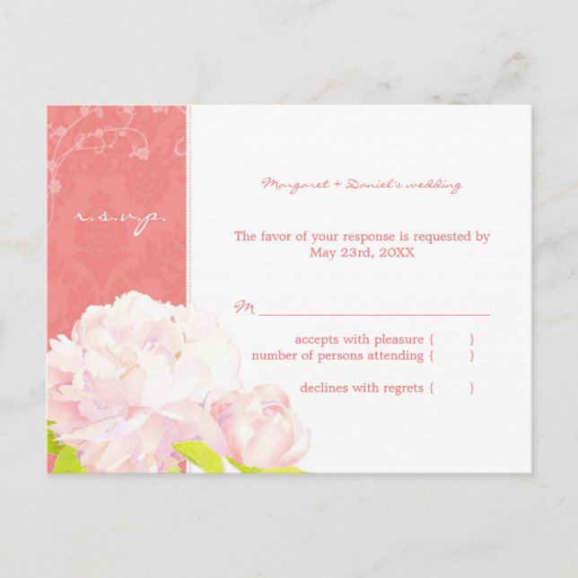 Soft Pink Peony Wedding RSVP Invitation Postcard (Front)