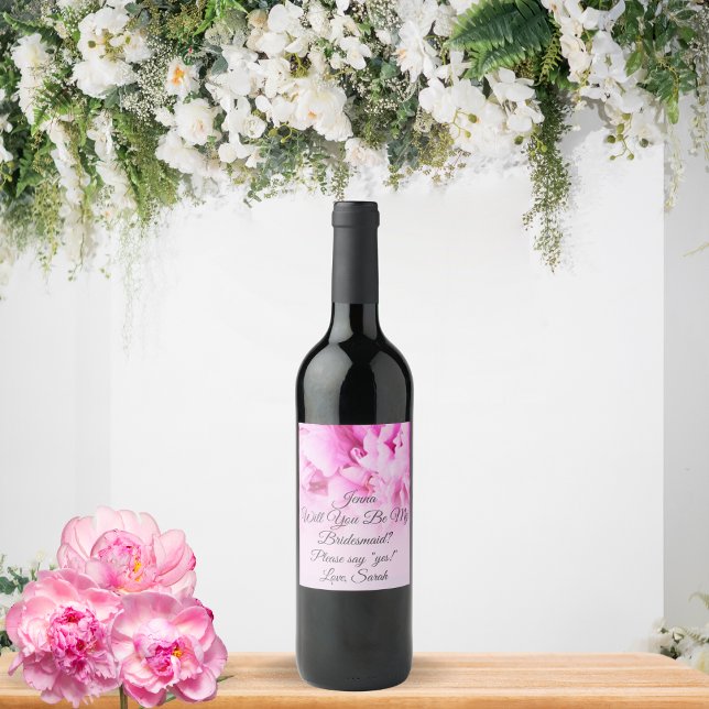Soft Pink Peony Will You Be My Bridesmaid? Wine La Wine Label (Creator Uploaded)