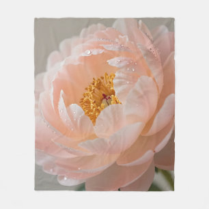 Soft Pink Peony with Dewdrops Fleece Blanket
