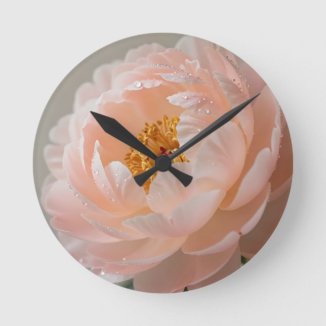Soft Pink Peony with Dewdrops Round Clock (Front)