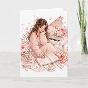 Soft Pink Piano Floral Greeting Card