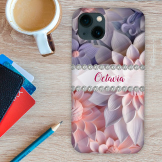 Soft pink & purple 3D flowers, diamond frame iPhone 13 Case