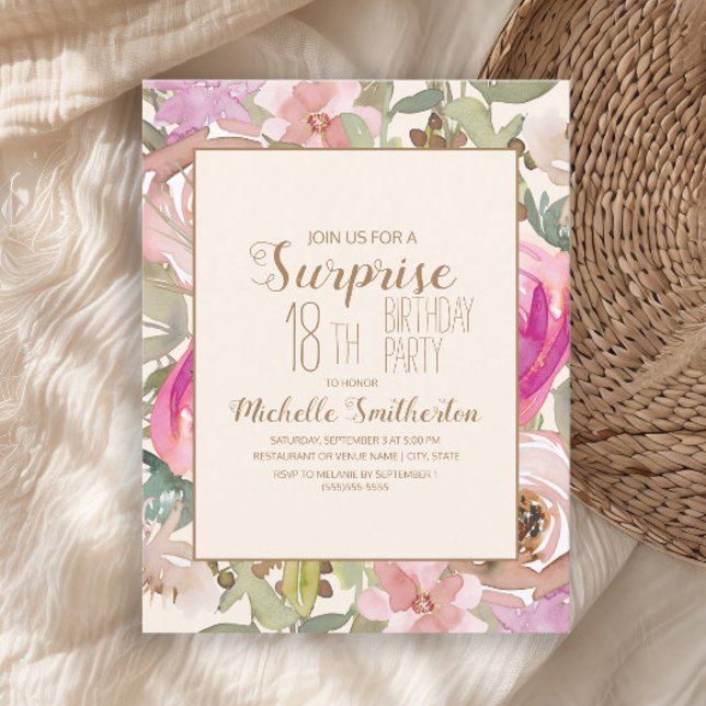 Soft Pink Purple Floral Surprise 18th Birthday Invitation (Elegant pink watercolor flowers and sage green leaves 18th birthday party invitation)