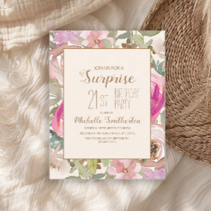 Soft Pink Purple Floral Surprise 21st Birthday Invitation