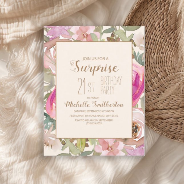 Soft Pink Purple Floral Surprise 21st Birthday Invitation (Elegant pink watercolor floral and sage green leaves 21st birthday party invitation)