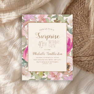 Soft Pink Purple Floral Surprise 40th Birthday Invitation