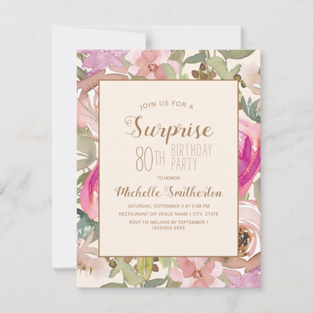 Soft Pink Purple Floral Surprise 80th Birthday Invitation (Front)