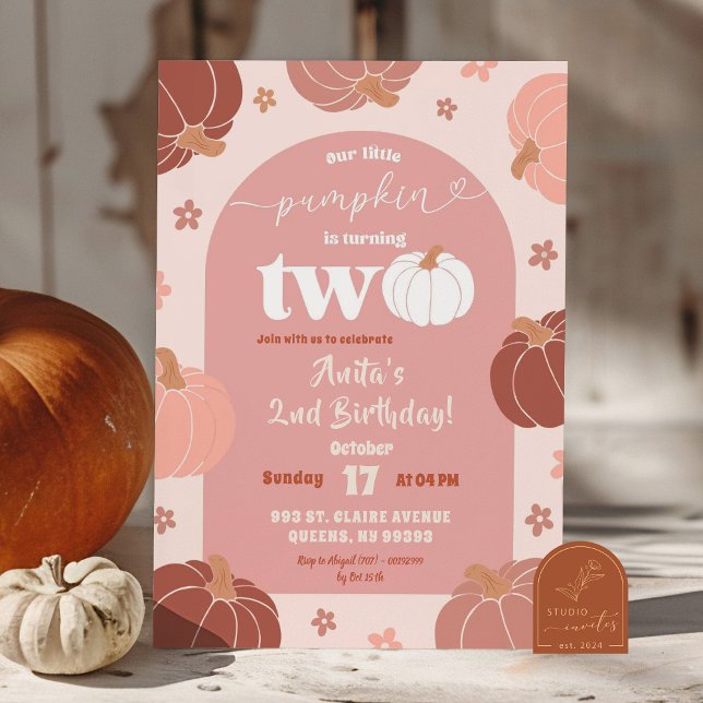 Soft Pink Retro Floral Pumpkin 2nd Birthday Girl  Invitation (Creator Uploaded)