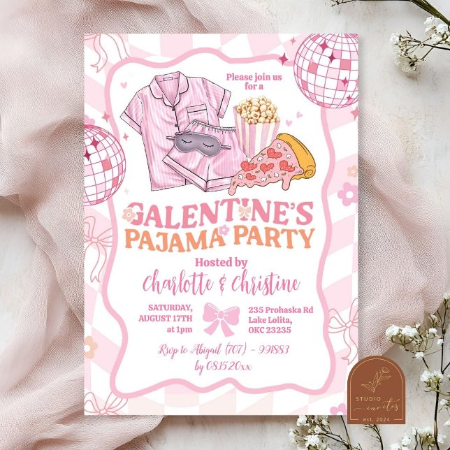 Soft Pink Retro Galentine's Pajama Party Invitation (Creator Uploaded)