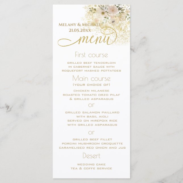 Soft pink romantic floral gold calligraphy menu (Front)