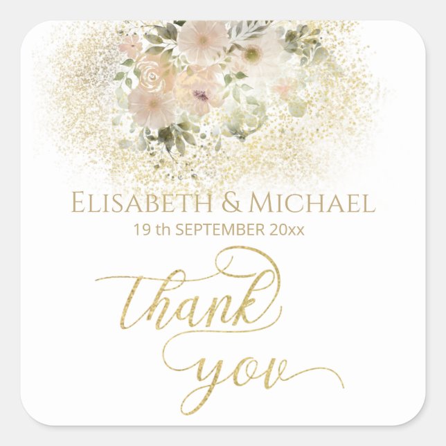 Soft pink romantic floral gold calligraphy square sticker (Front)