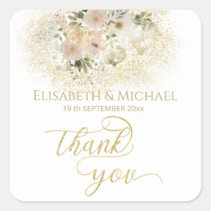 Soft pink romantic floral gold calligraphy square sticker