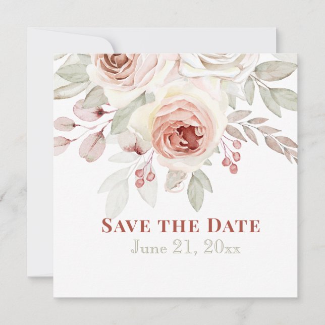 Soft Pink Romantic Rose on White Wedding Save The Date (Front)
