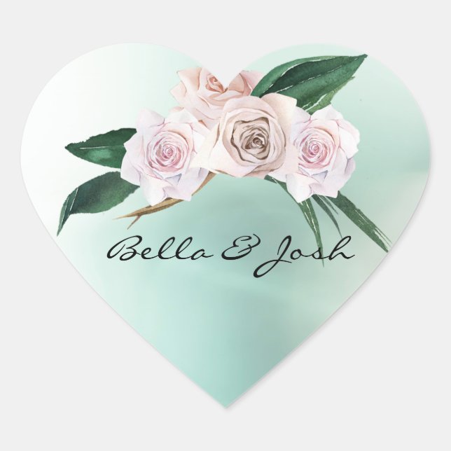 Soft Pink Rose Blossoms Wedding Heart Sticker (Front)