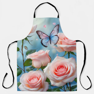 Soft Pink Rose Flower Blue Butterfly Apron
