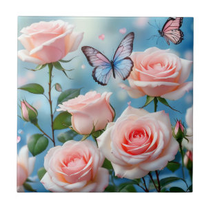 Soft Pink Rose Flower Blue Butterfly Ceramic Tile