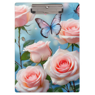 Soft Pink Rose Flower Blue Butterfly Clipboard