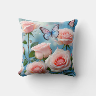 Soft Pink Rose Flower Blue Butterfly Cushion