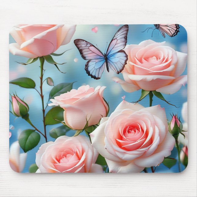 Soft Pink Rose Flower Blue Butterfly Mouse Pad (Front)