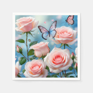 Soft Pink Rose Flower Blue Butterfly Napkin