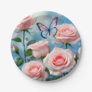 Soft Pink Rose Flower Blue Butterfly Paper Plate